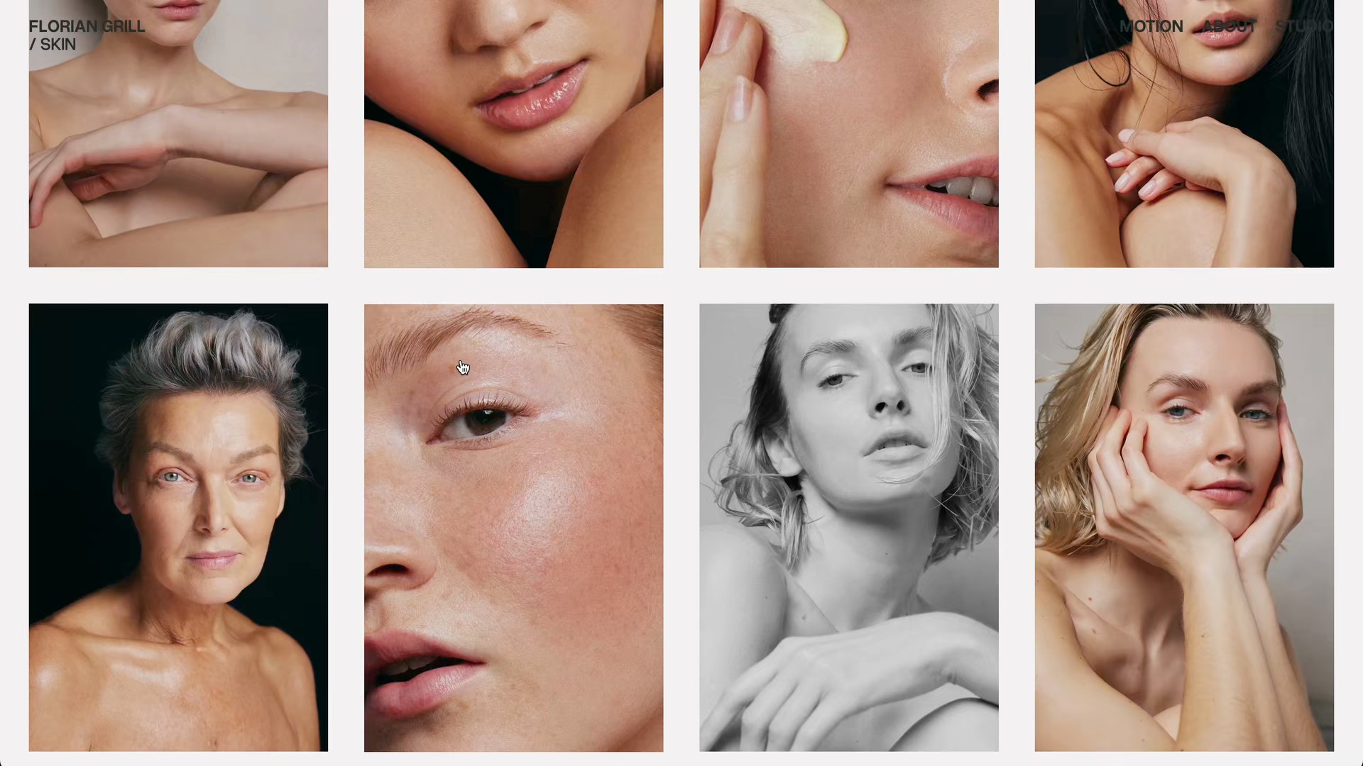 Scrolling through a grid of close-up beauty portraits on the Florian Grill website
