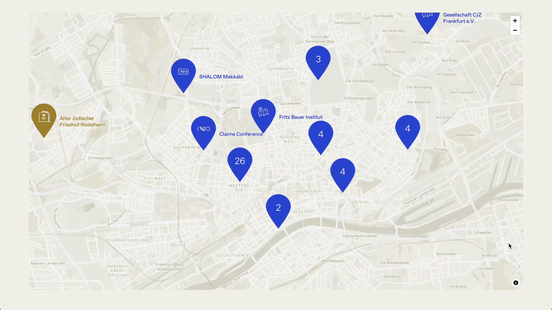 Interactive map of Frankfurt with blue location pins and clusters for community institutions