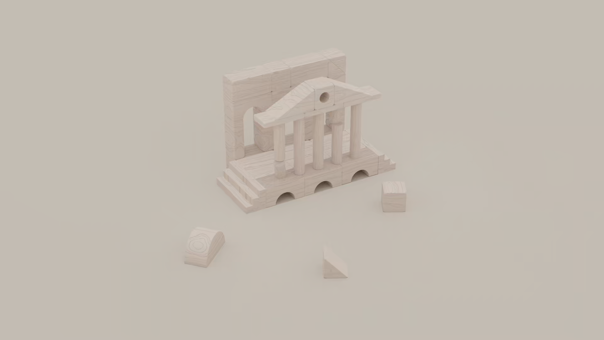 3D animation of a classical temple built from wooden toy blocks, with loose blocks scattered around it