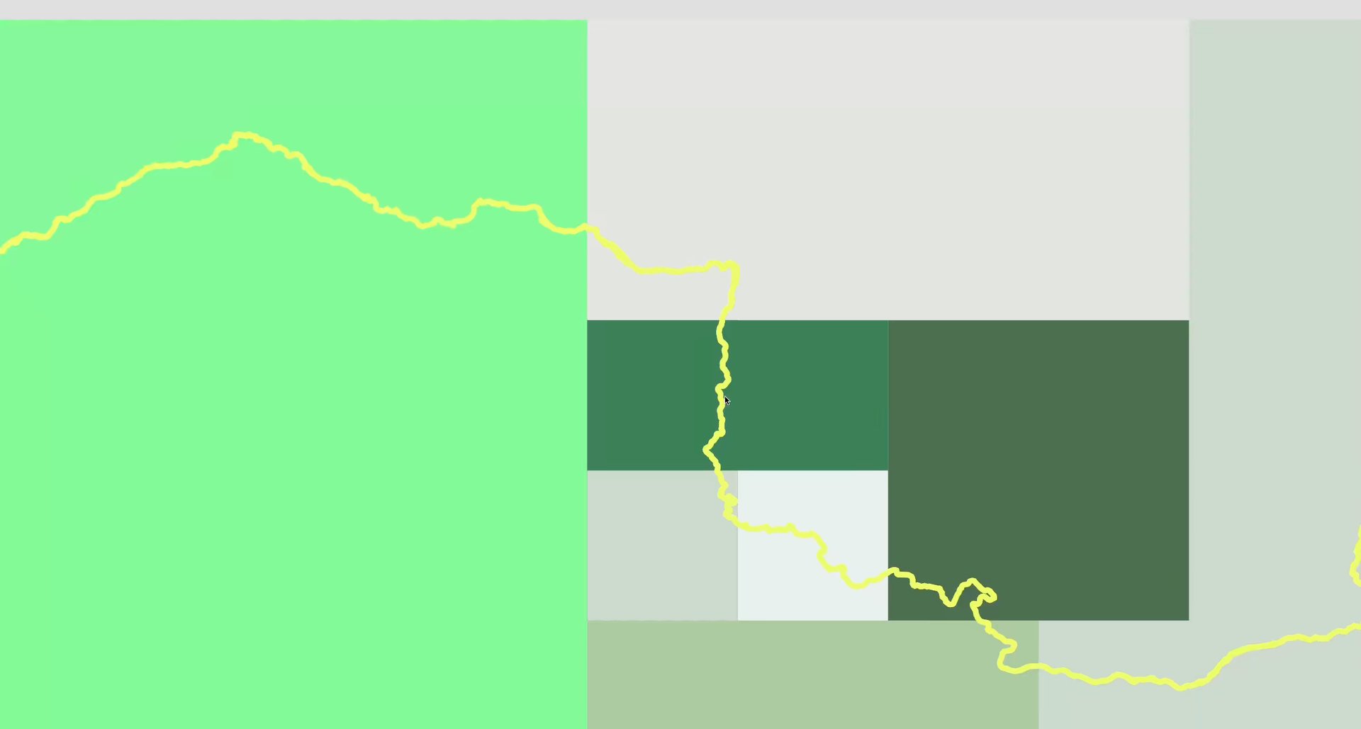 Generative layout of green colour blocks crossed by a yellow line tracing the course of the Danube