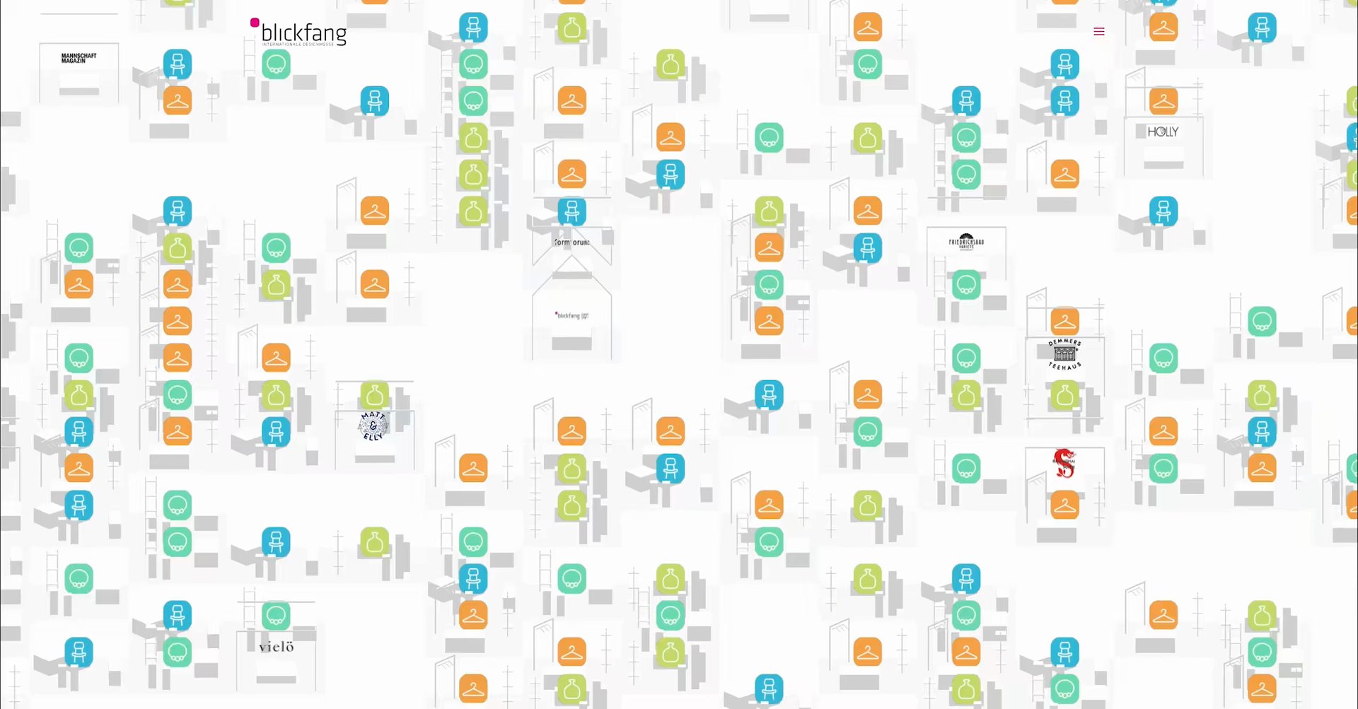 Live view of the Blickfang design fair website with exhibitor booths shown as colourful icons on a floor plan