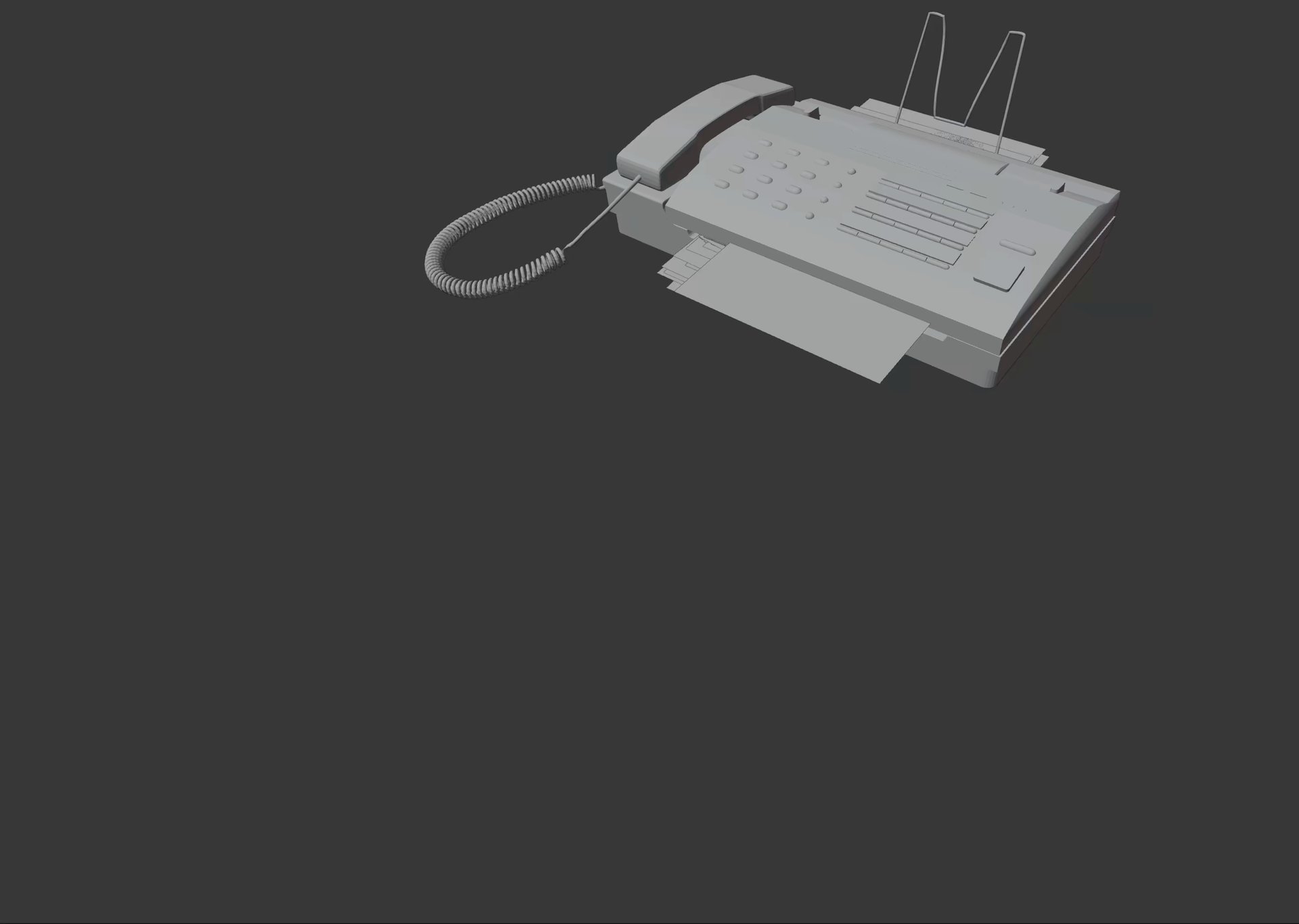 3D model of a fax machine with a coiled handset cord on a dark background