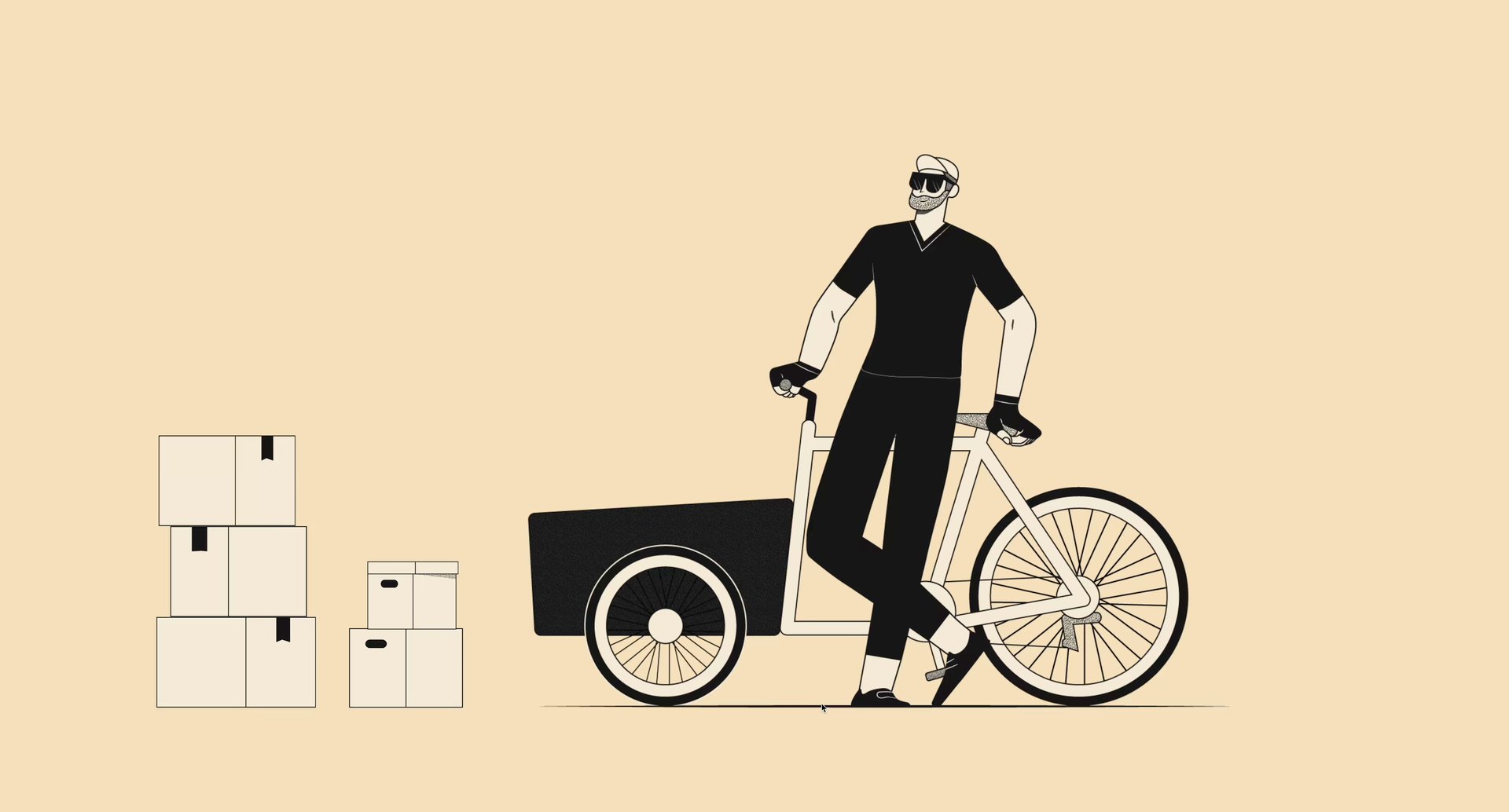 Animated illustration of a courier leaning on a cargo bike next to stacked parcels