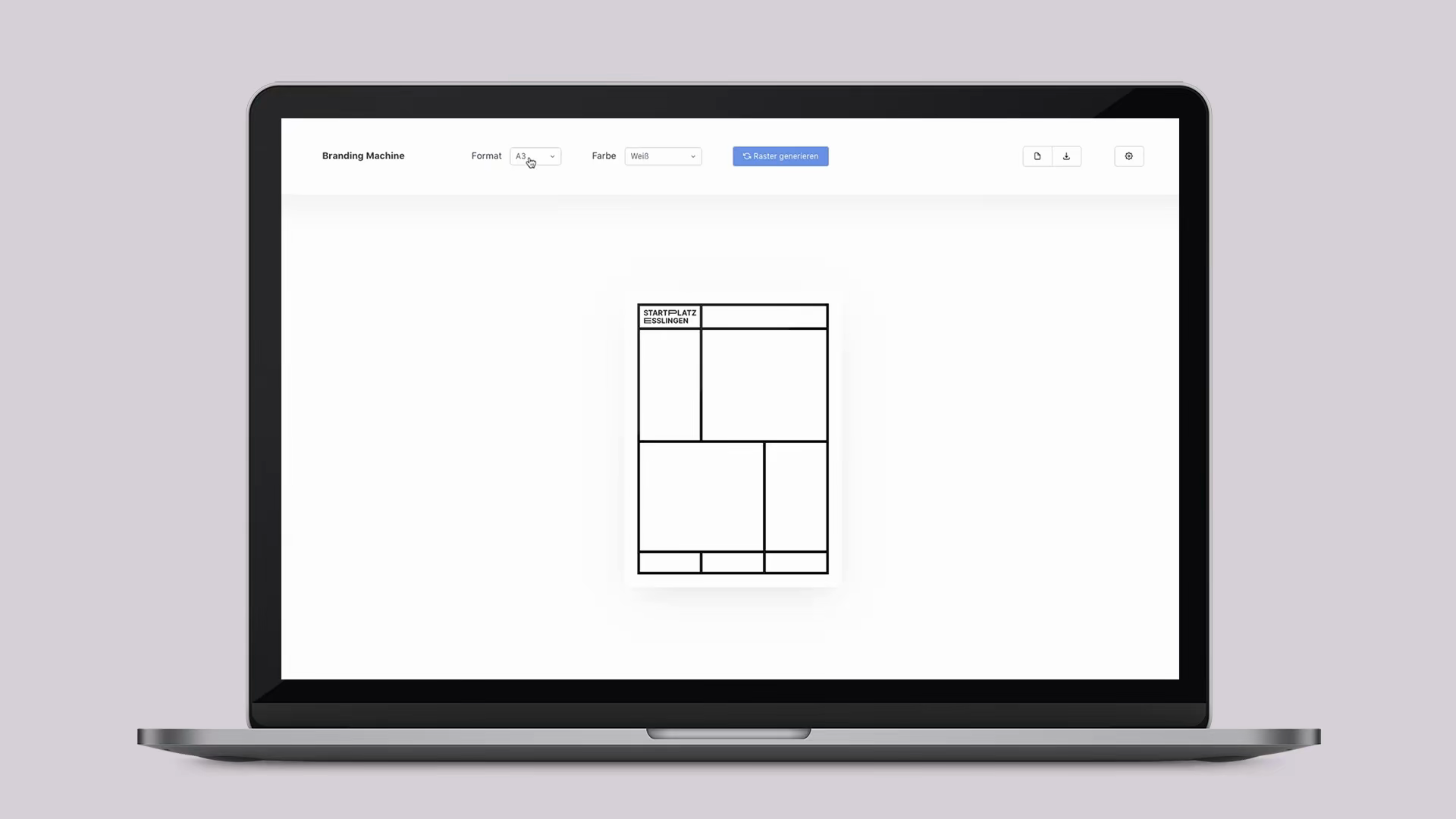 Poster generator web app on a laptop, generating a grid layout for an A3 poster
