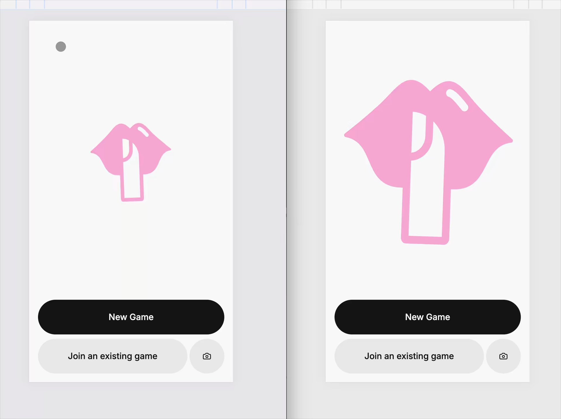 Two phone screens of a party game app with a pink lips logo and buttons to start or join a game