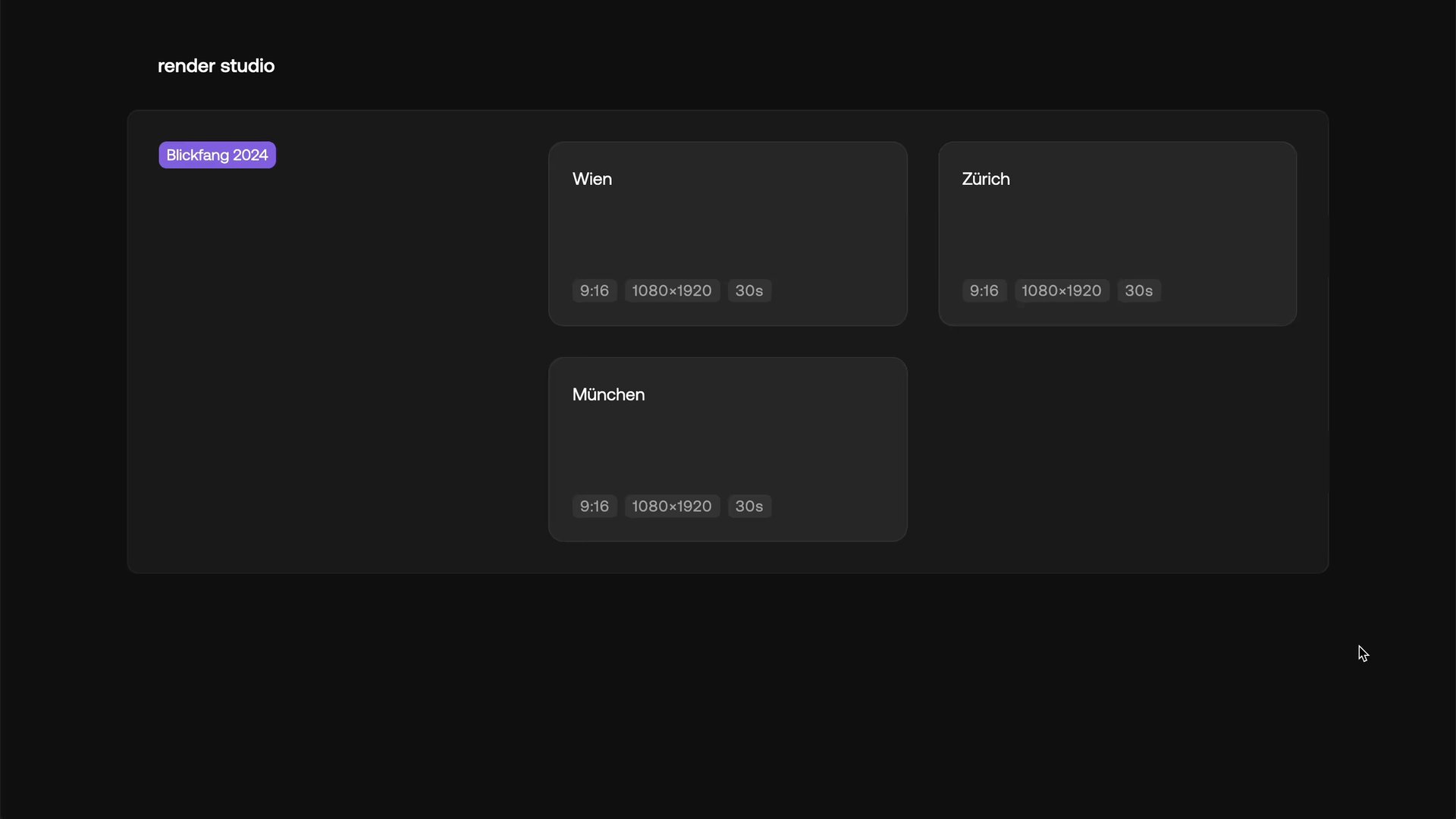 Render Studio web app in dark mode, listing video formats for Vienna, Zurich and Munich