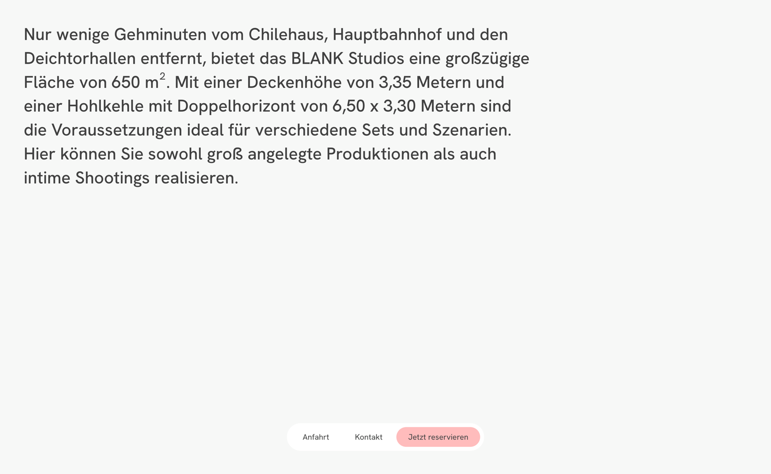 BLANK studios website section describing the 650 m² studio in large type