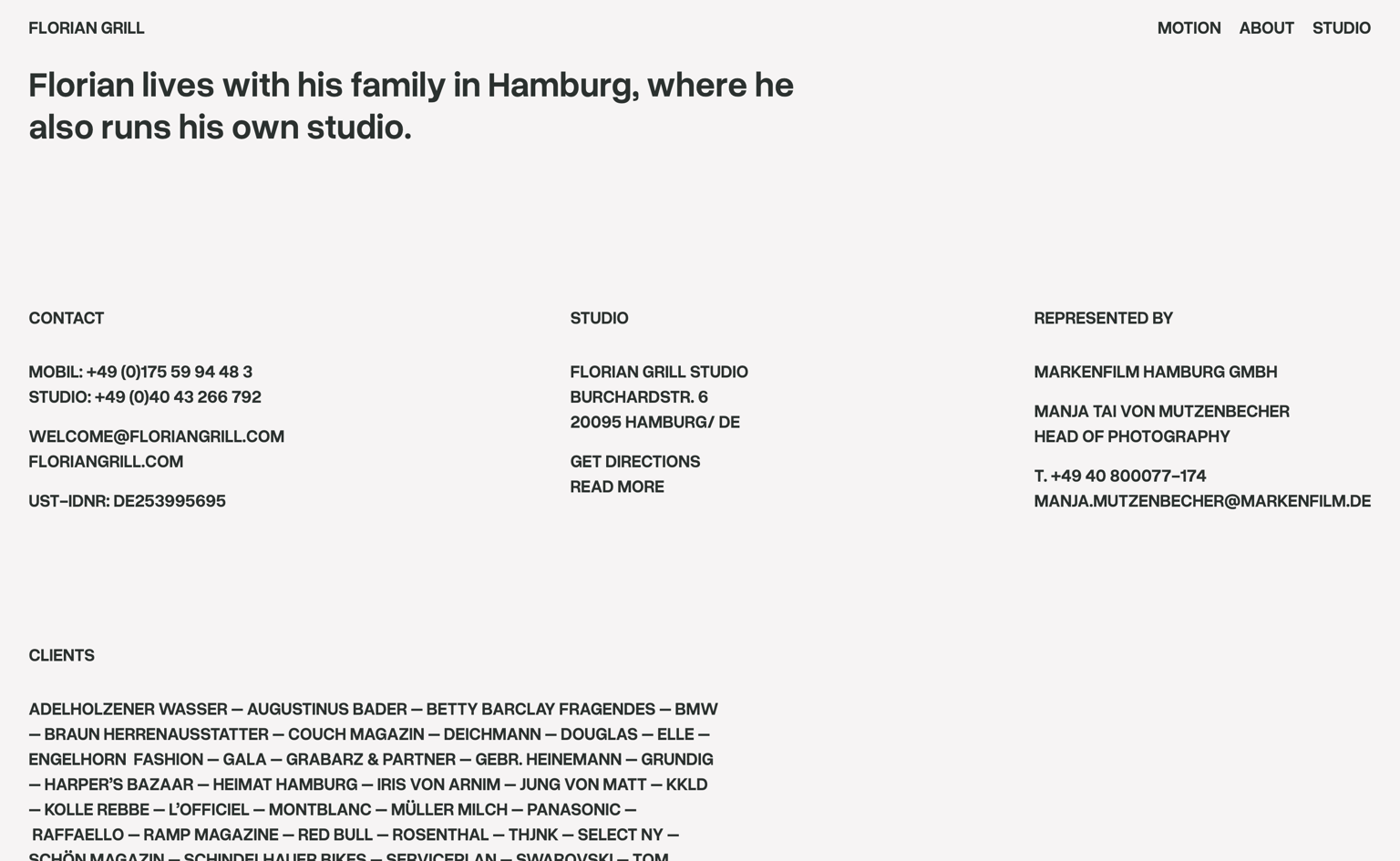 Florian Grill about page listing contact details, studio address, representation and clients