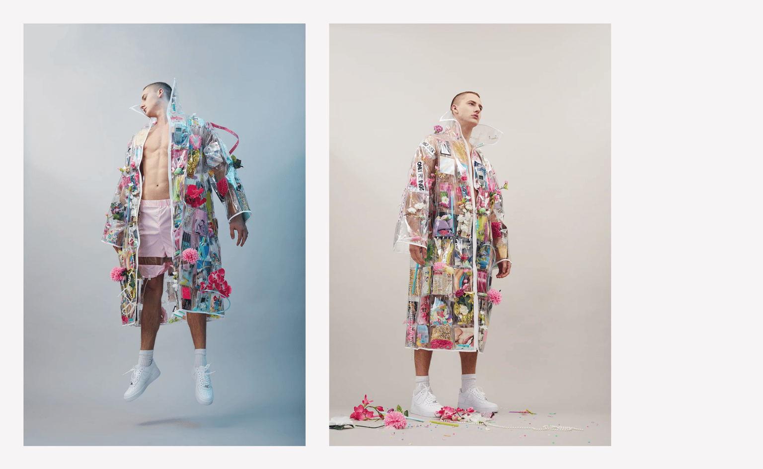 Florian Grill gallery page with two fashion photos of a model in a transparent coat filled with flowers and trinkets