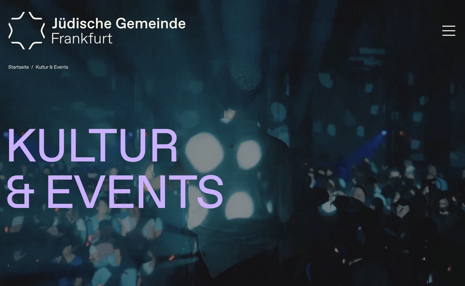 Jüdische Gemeinde Frankfurt culture and events page with a concert photo behind the headline