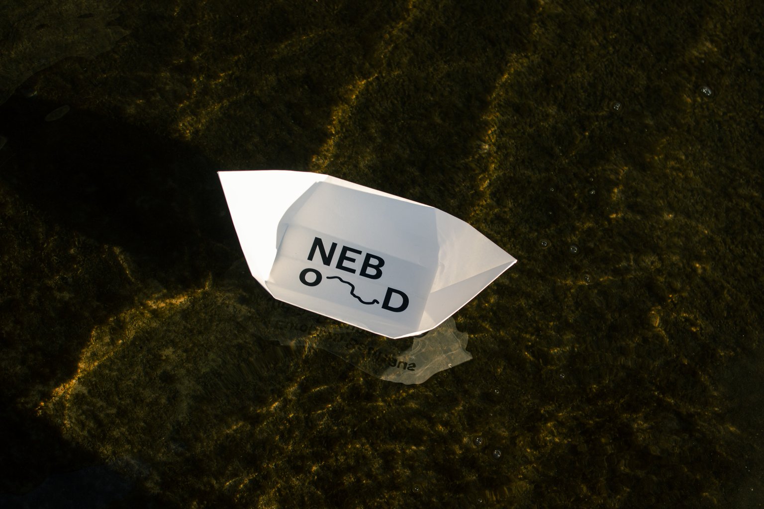 Paper boat folded from a NEBoD-branded sheet floating on dark, sunlit water