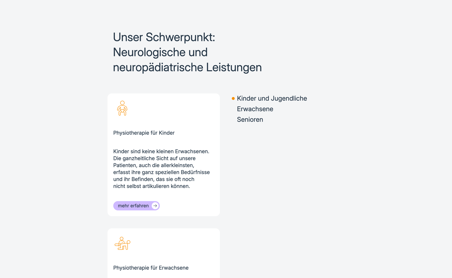 Physio Bastian services section on neurological and neuropaediatric treatment with a card for physiotherapy for children
