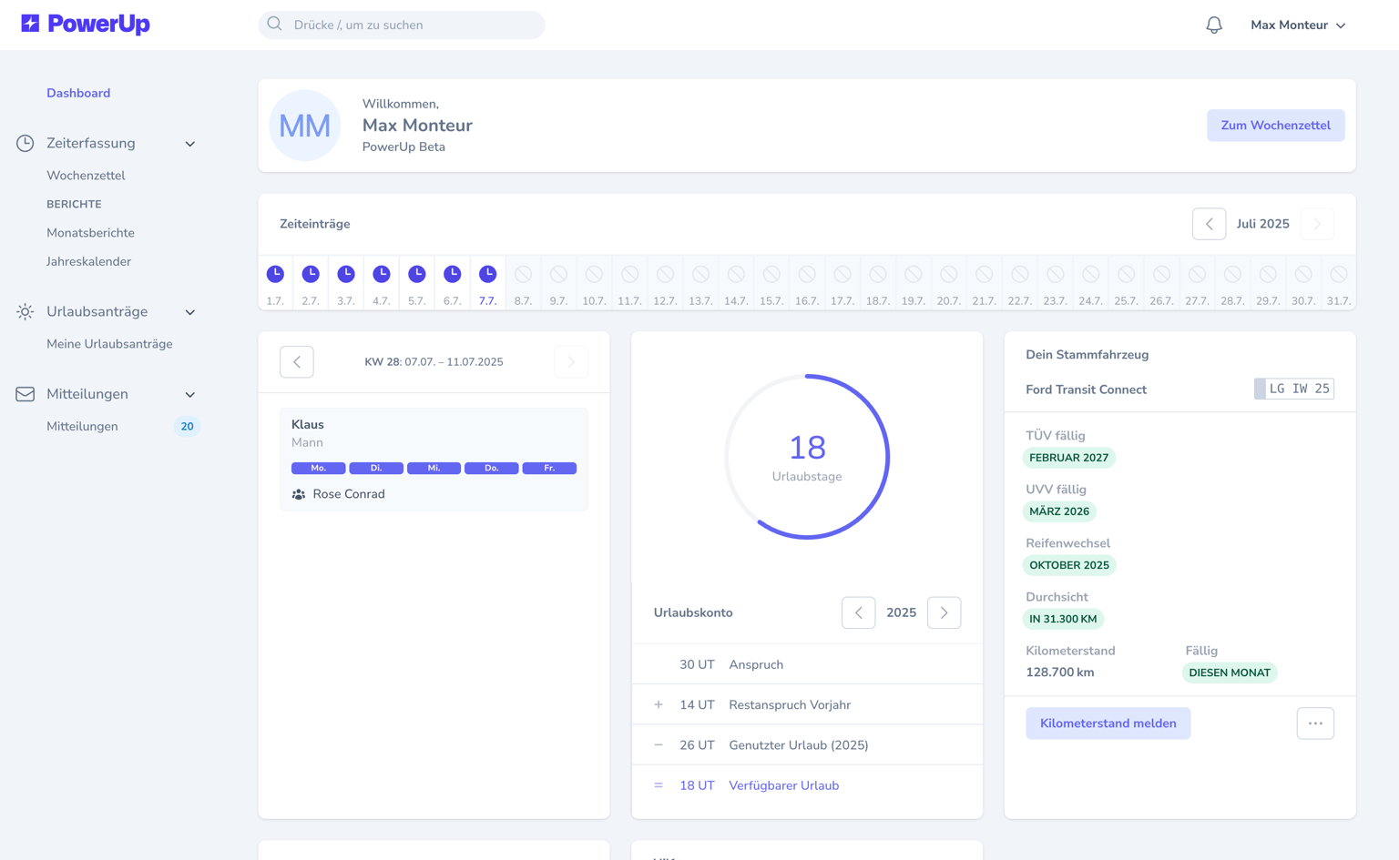 PowerUp dashboard showing time entries, holiday allowance and company vehicle details