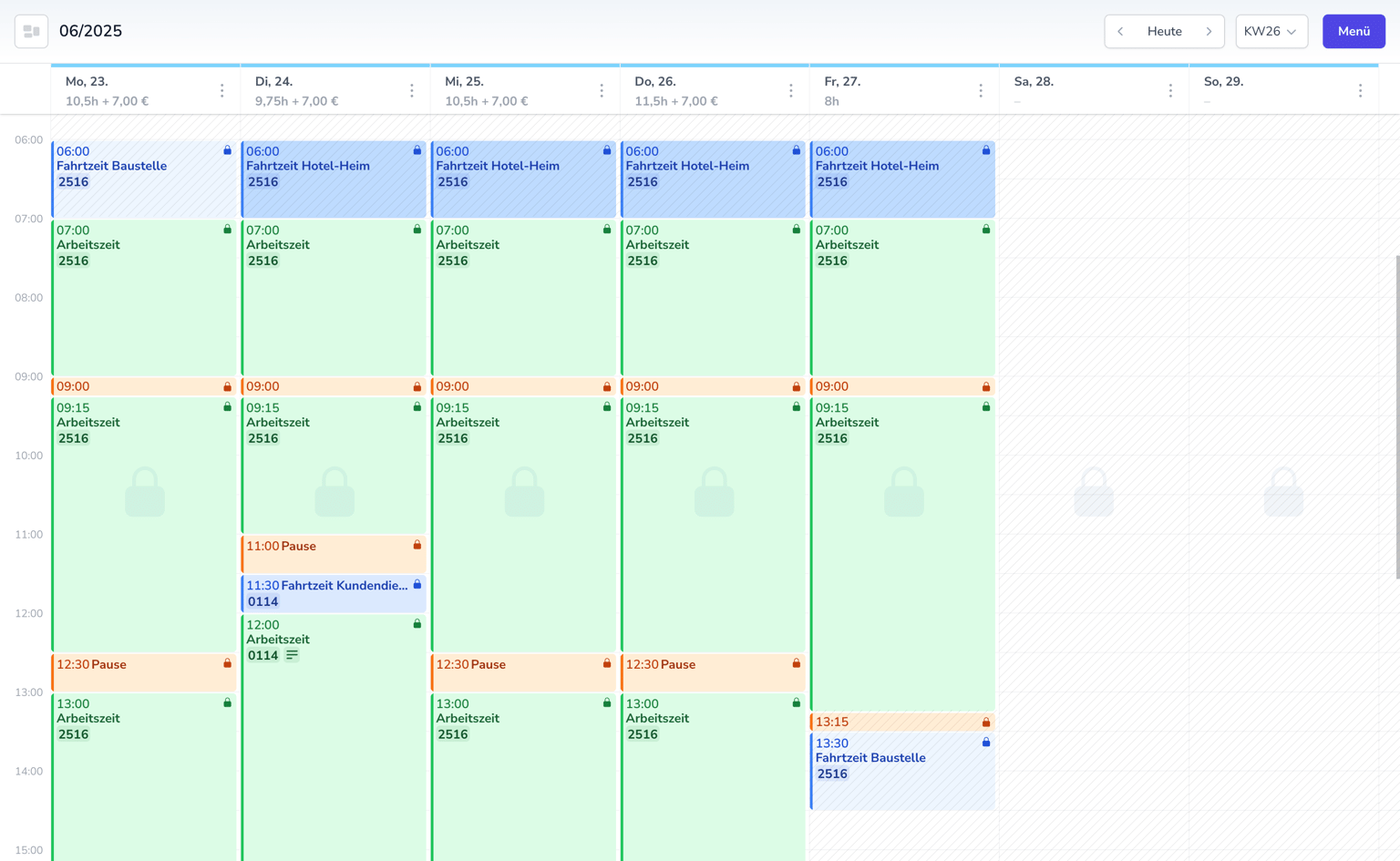 PowerUp weekly timesheet with colour-coded entries for work, travel time and breaks
