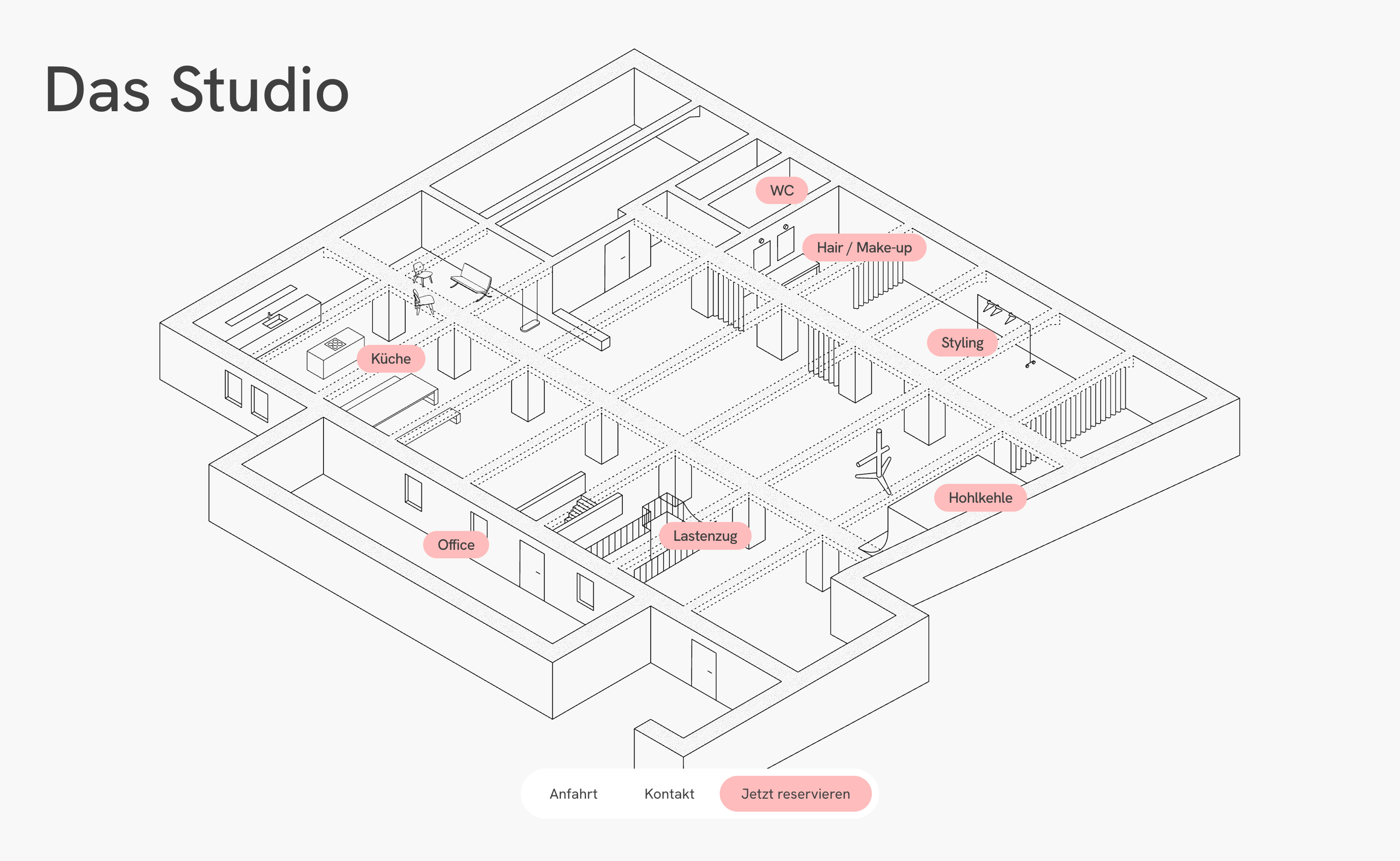Isometric line drawing of the BLANK studios floor plan with labelled areas