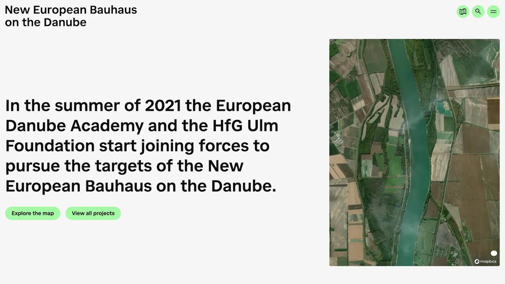 NEBoD homepage with an introduction to the initiative next to a satellite view of the Danube
