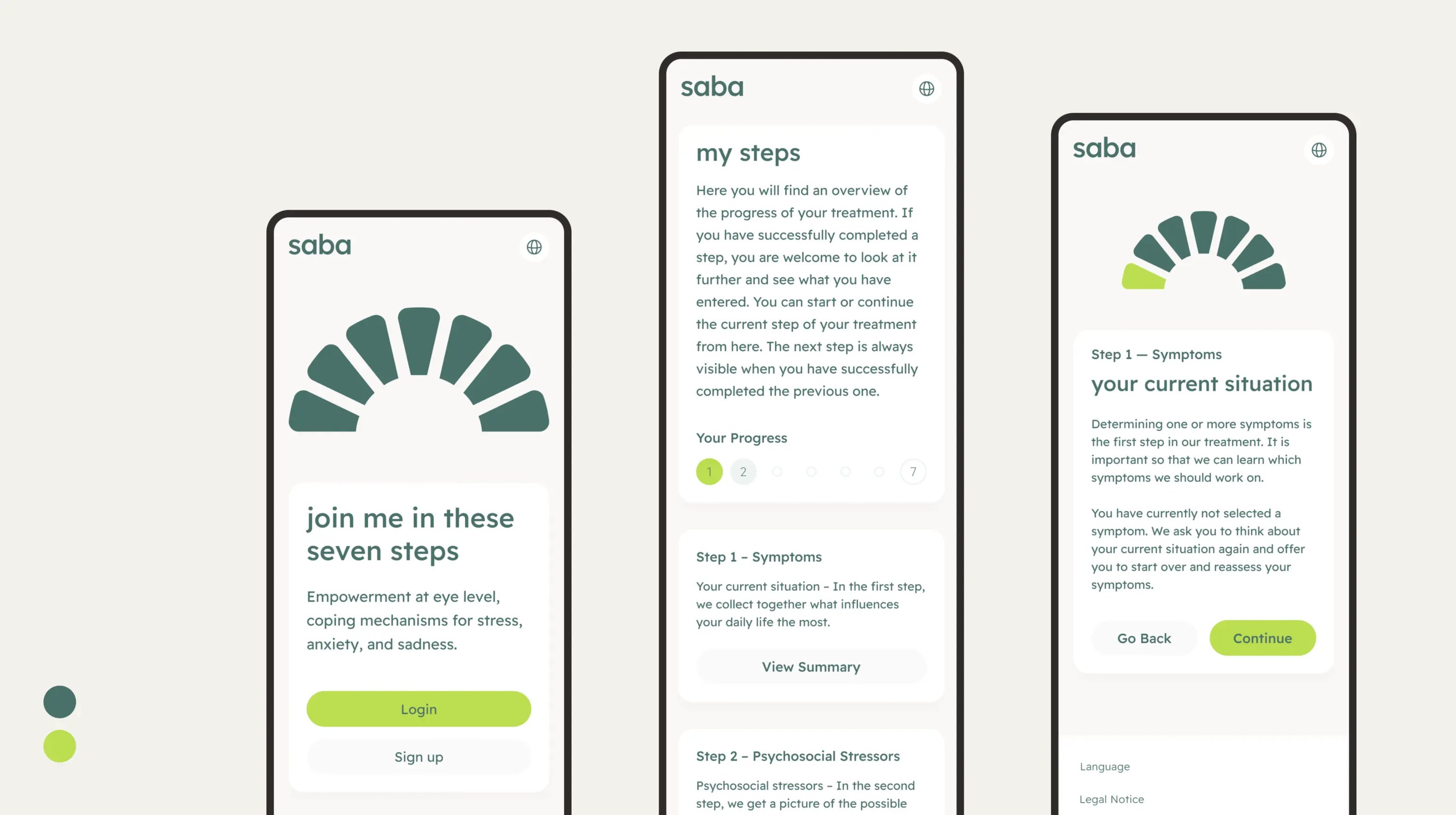 Three smartphone screens of the saba app showing onboarding, treatment progress and the first treatment step