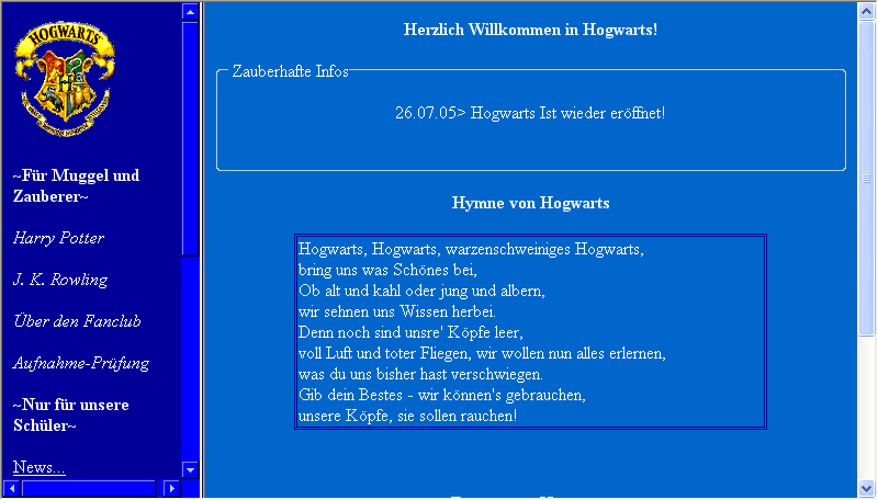 Early-2000s Harry Potter fan club website with a blue frame layout and the Hogwarts crest
