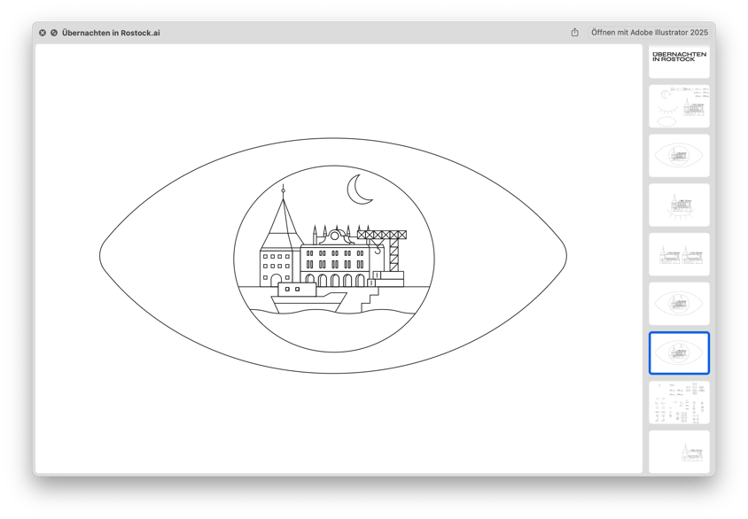 Line illustration of the Rostock harbour skyline with a ship, crane and moon, framed inside an eye shape
