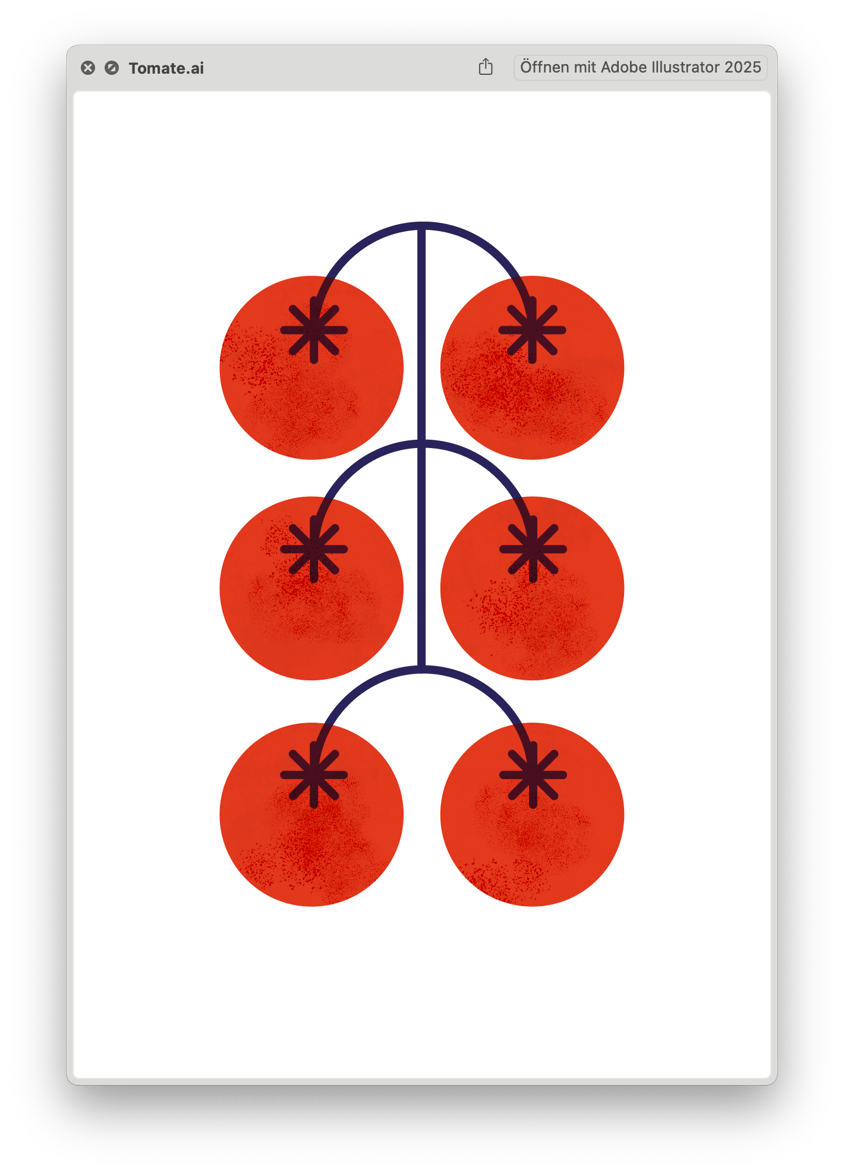 Illustration of six red tomatoes hanging from a dark blue vine