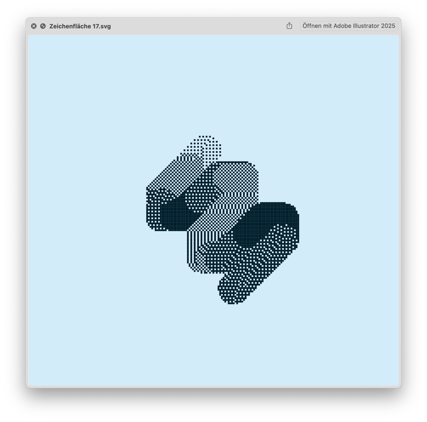 Pixelated, dithered 3D letter S in dark blue on a light blue background